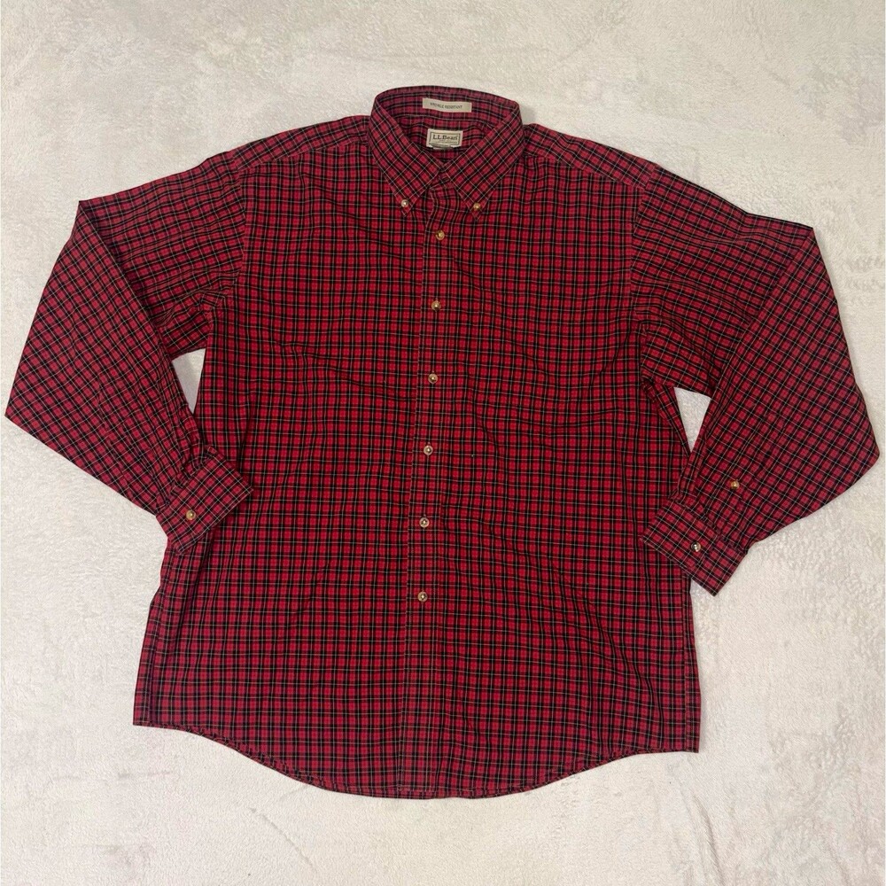 L.L.Bean Mens L Regular Wrinkle Resistant Red Black Plaid Cotton Button-Down